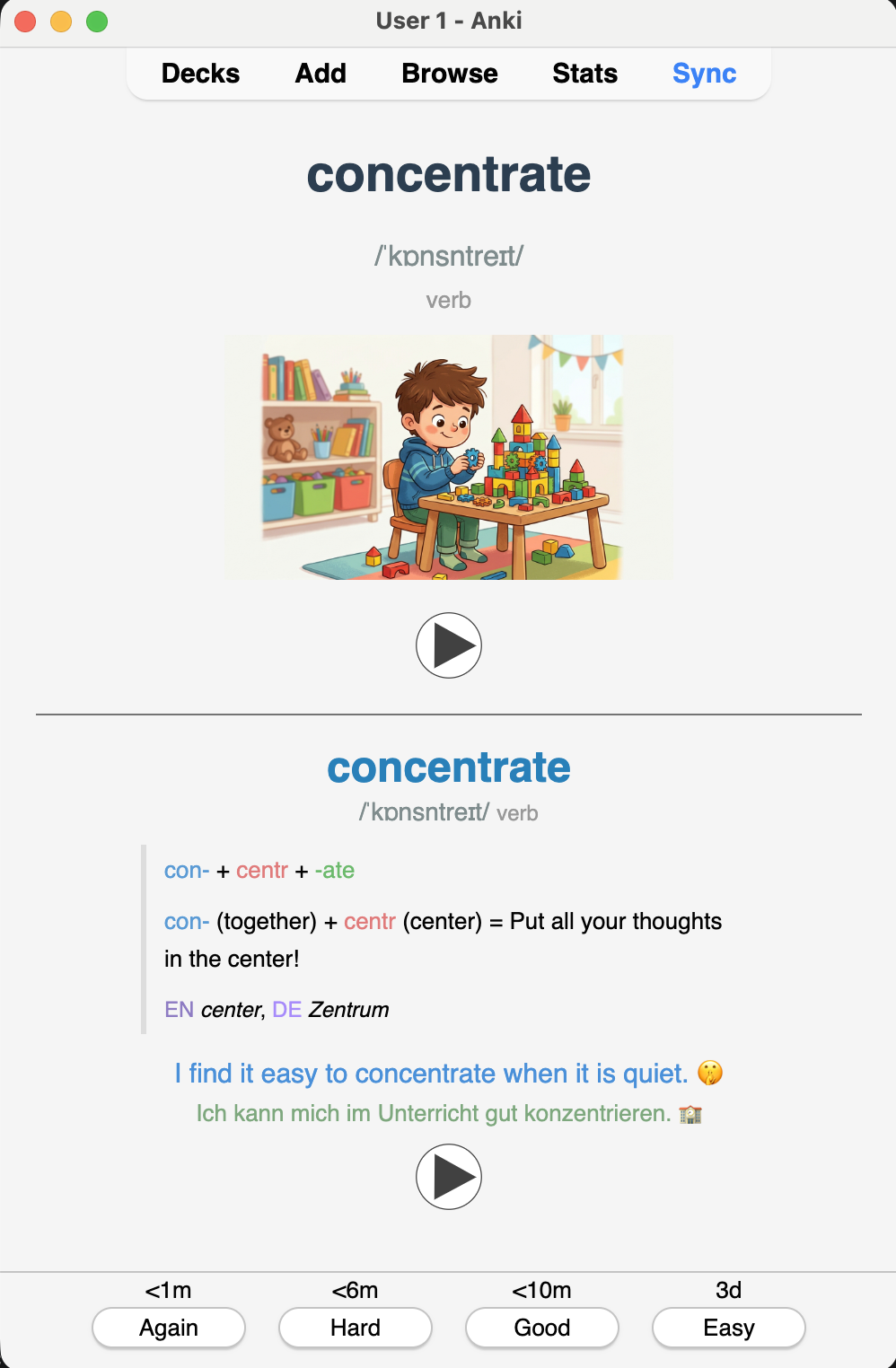 AI-generated ankids card — cartoon image, color-coded etymology, IPA, example sentences