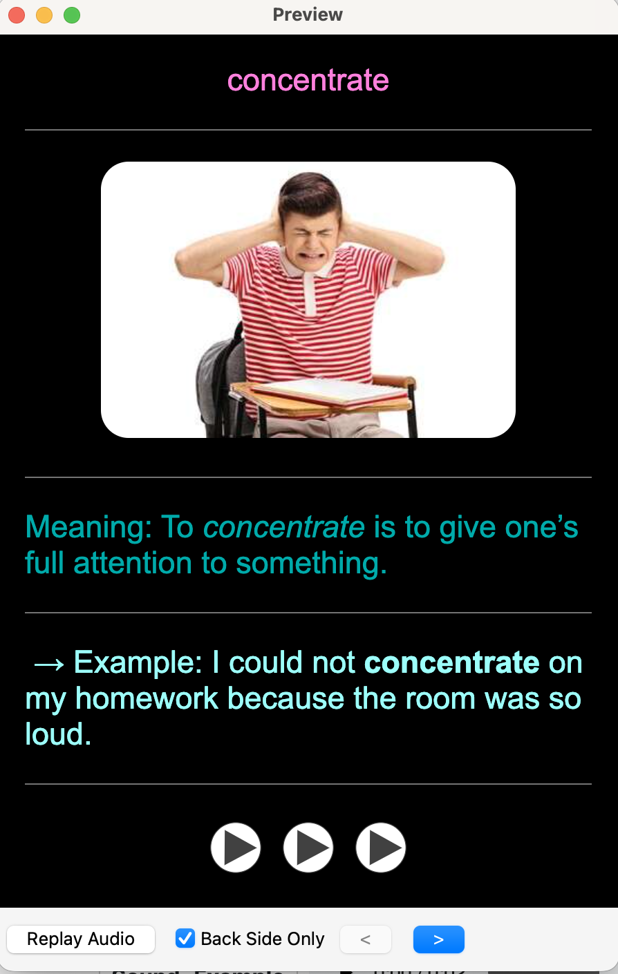 Standard shared Anki card — plain text, no image, no audio, no etymology